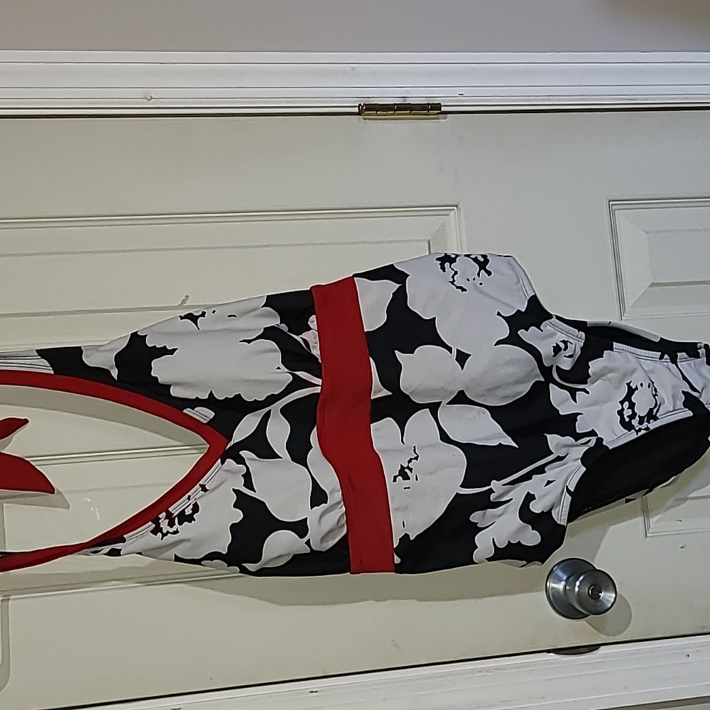 One piece bathing suit black white red tie back brand?